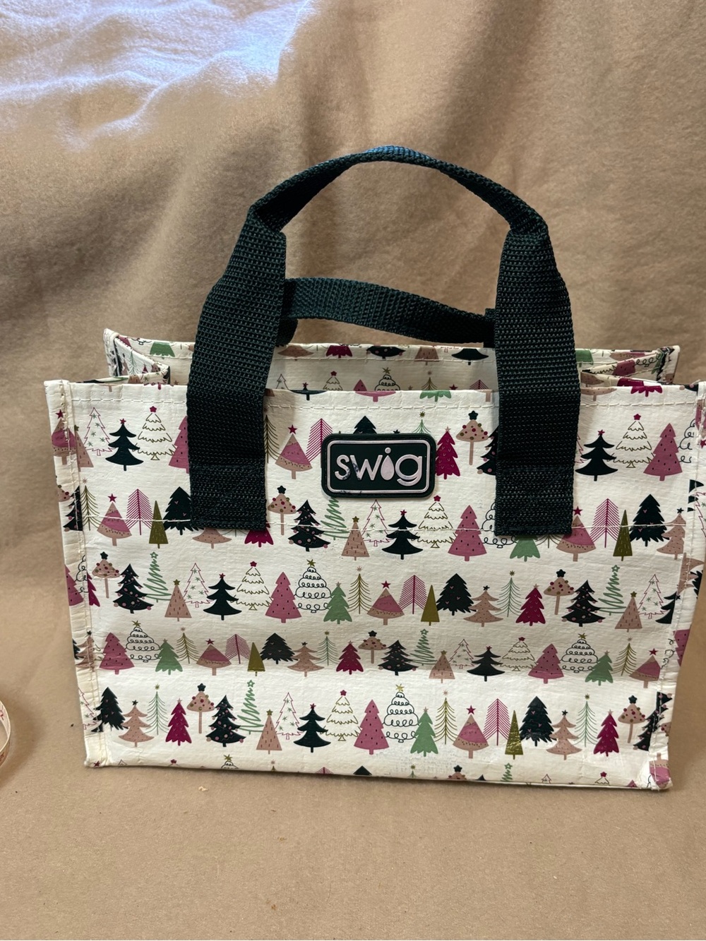 SWIG Cream Holiday Tree Tote Bag with Black Handles EUC